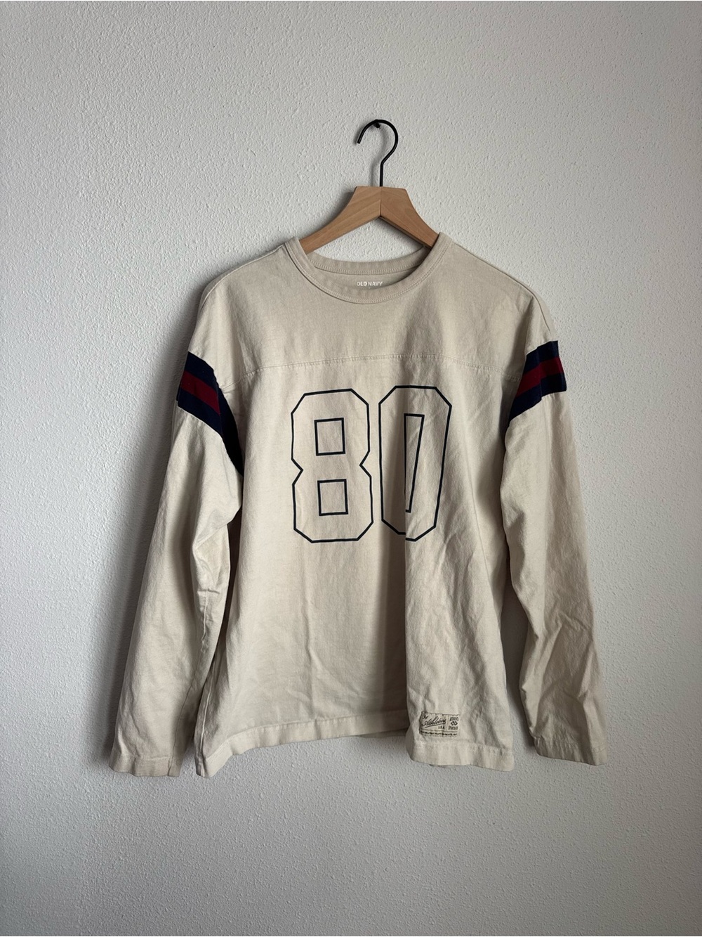 Cream Long Sleeve Football Tee with Navy & Red Stripes - '80' Graphic